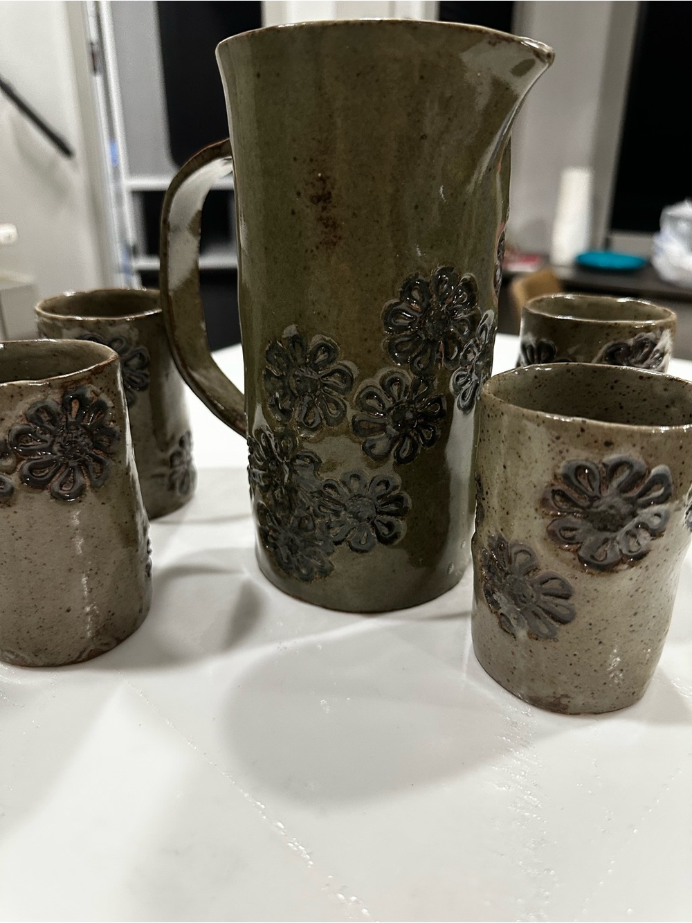 Handmade Floral Ceramic Pitcher and Cups Set - Green and Taupe